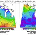 Figure 1: MGDD accumulations and departure from the climatological average for May 1 to June 10, 2025.
