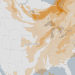 Figure 1. Example of the NOAA experimental forecast product showing smoke intensity for 3 PM EDT on Wednesday, June 4, 2025. Product enhance by the New York Times.