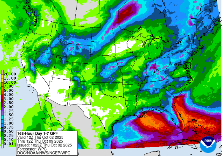 Figure 3: Day 1-7 Quantitative Precipitation Forecast Valid 8:00 AM ET October 2 – 8:00 AM ET October 9.