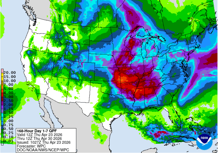 Accumulated precipitation (inches) forecast for April 23-20, 2026. Source: National Weather Service.