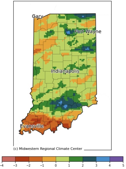 Figure 2. Accumulated precipitation departure (inches) for April 7 – May 6, 2026. Based on PRISM data.