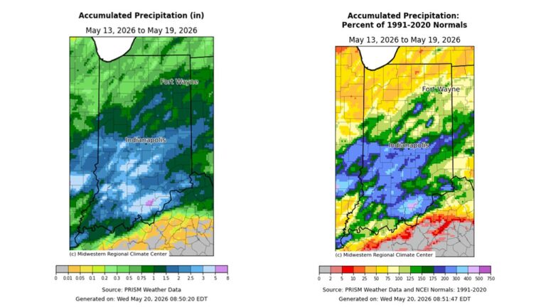 Figure 1. Left – Accumulated precipitation from May 13-19, 2026. Right – Accumulated precipitation from May 13-19, 2026, represented as the percent of the 1991-2020 normals.