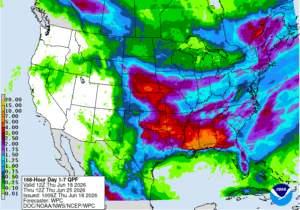 Figure 2. Accumulated forecasted precipitation amounts (in inches) for the morning of June 18 through the morning of June 25.
