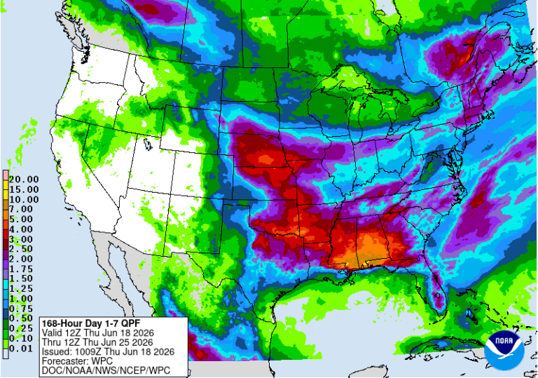 Figure 2. Accumulated forecasted precipitation amounts (in inches) for the morning of June 18 through the morning of June 25.