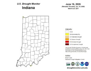 Figure 1. U.S. Drought Monitor map for data through the early morning of Tuesday, June 16th. Most of Indiana is drought free with the exception of the far southern tip of Perry County along the Ohio River.